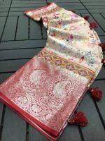SOFT TUSSAR DOLA SATIN SILK SAREE WITH WEAVING BORDER AND TASSELS - Image 3